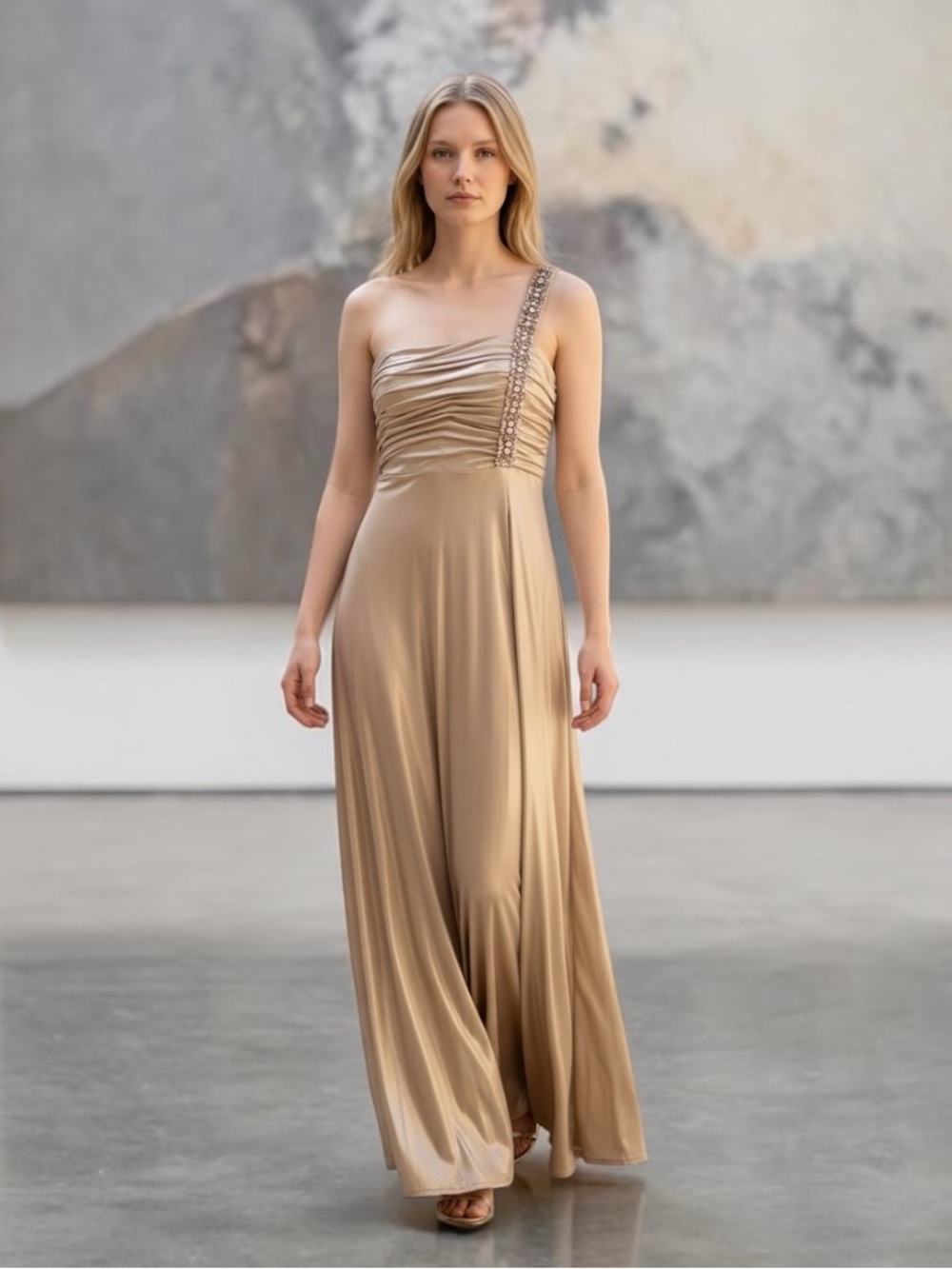 David Miester Gold Metallic one beaded strap Gown.  Size 8